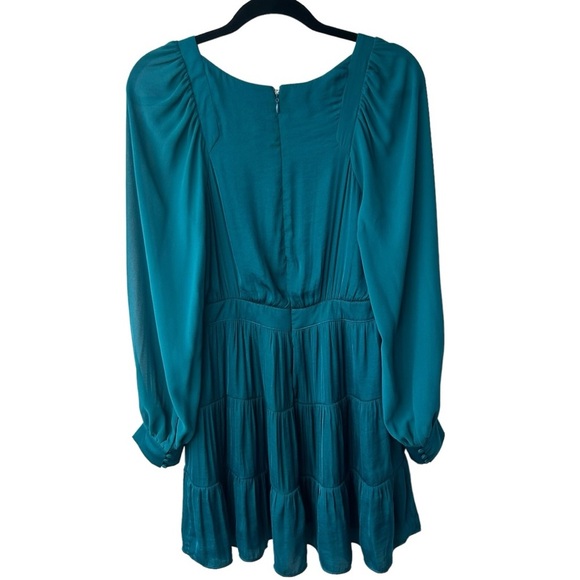 NAKED ZEBRA Teal Blue Faux Wrap Front Tiered Sheer Sleeve Mini Dress Size Medium - Picture 7 of 10